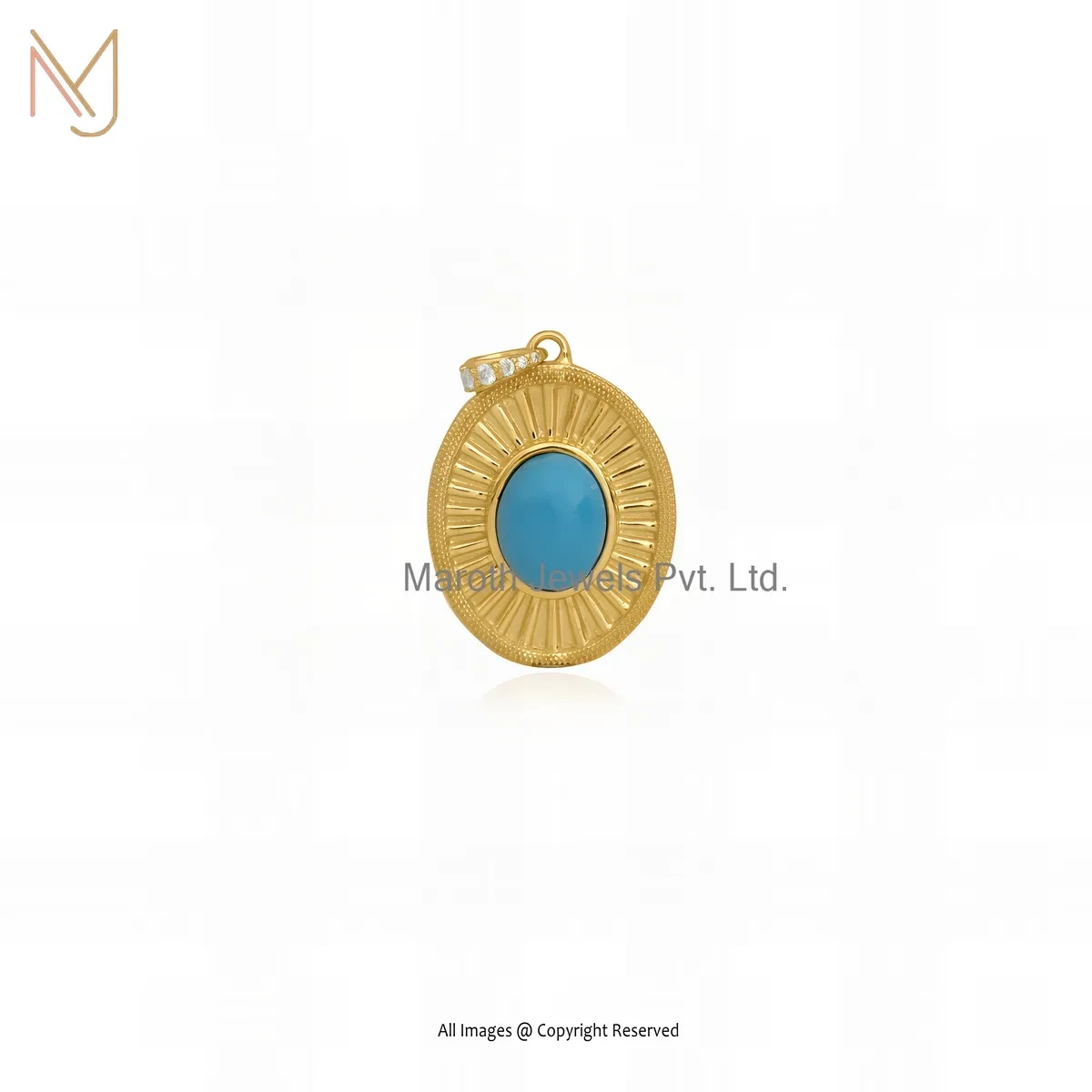 925 Silver Yellow Gold Plated Turquoise & Moissanite Fluted Oval Pendant Custom Jewelry