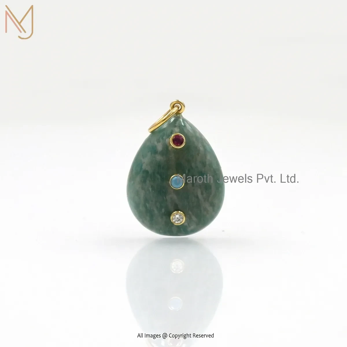 Private Lable 14K Yellow Gold Diamond Amazonite & Multi Gemstone Teardrop Pendant