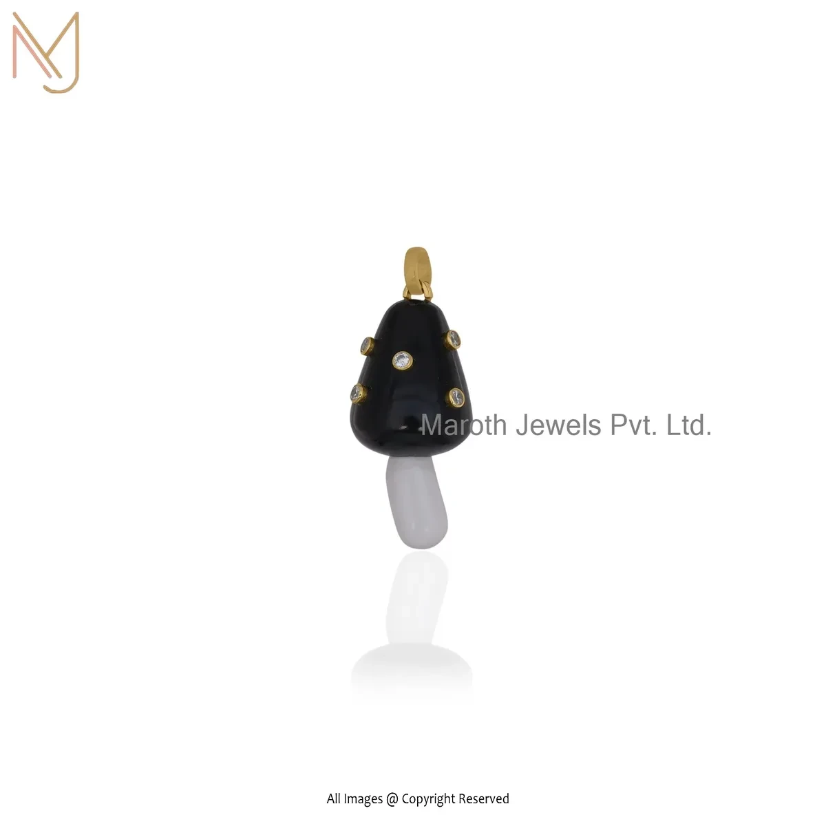 Private Lable 14K Yellow Gold Cubic Zircon & Black Onyx Gemstone Mushroom Pendant