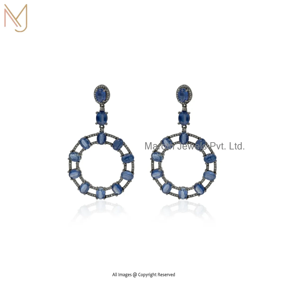 14K Yellow Gold Pave Dimaond And Kyanite Gemstone Drop Earring Custom Jewelry