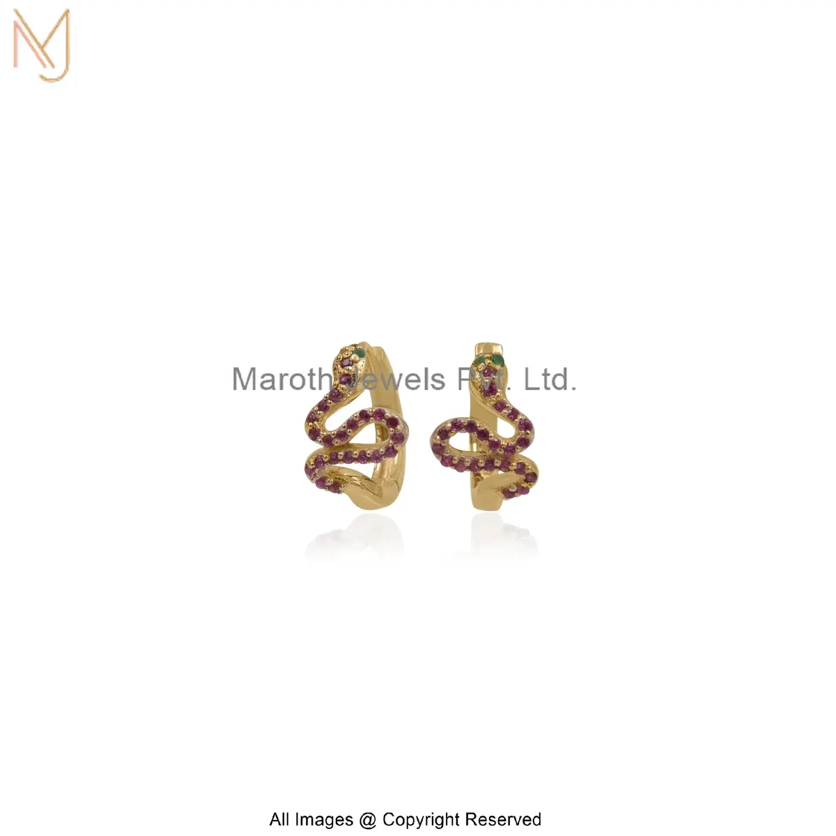 14K Yellow Gold Ruby And Emerald Snake Huggies Earring Custom Jewelry