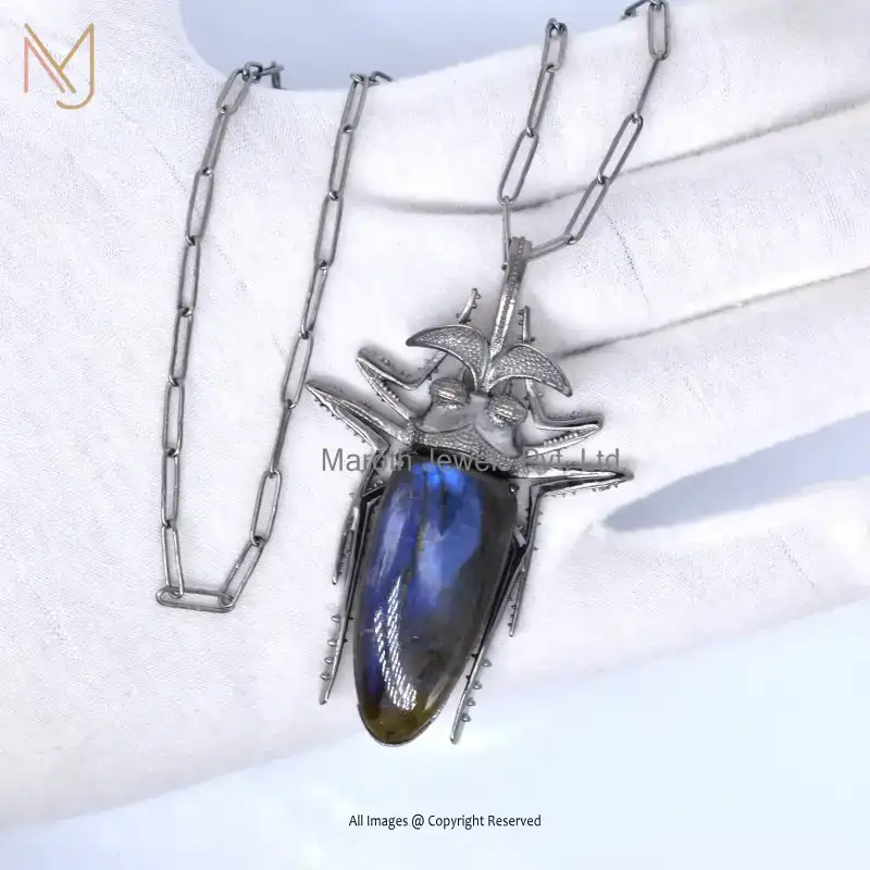 925 Sterling Silver Rhodium Plated Labradorite Bug Blue Enamel & Multi Gemstone Pendant USA