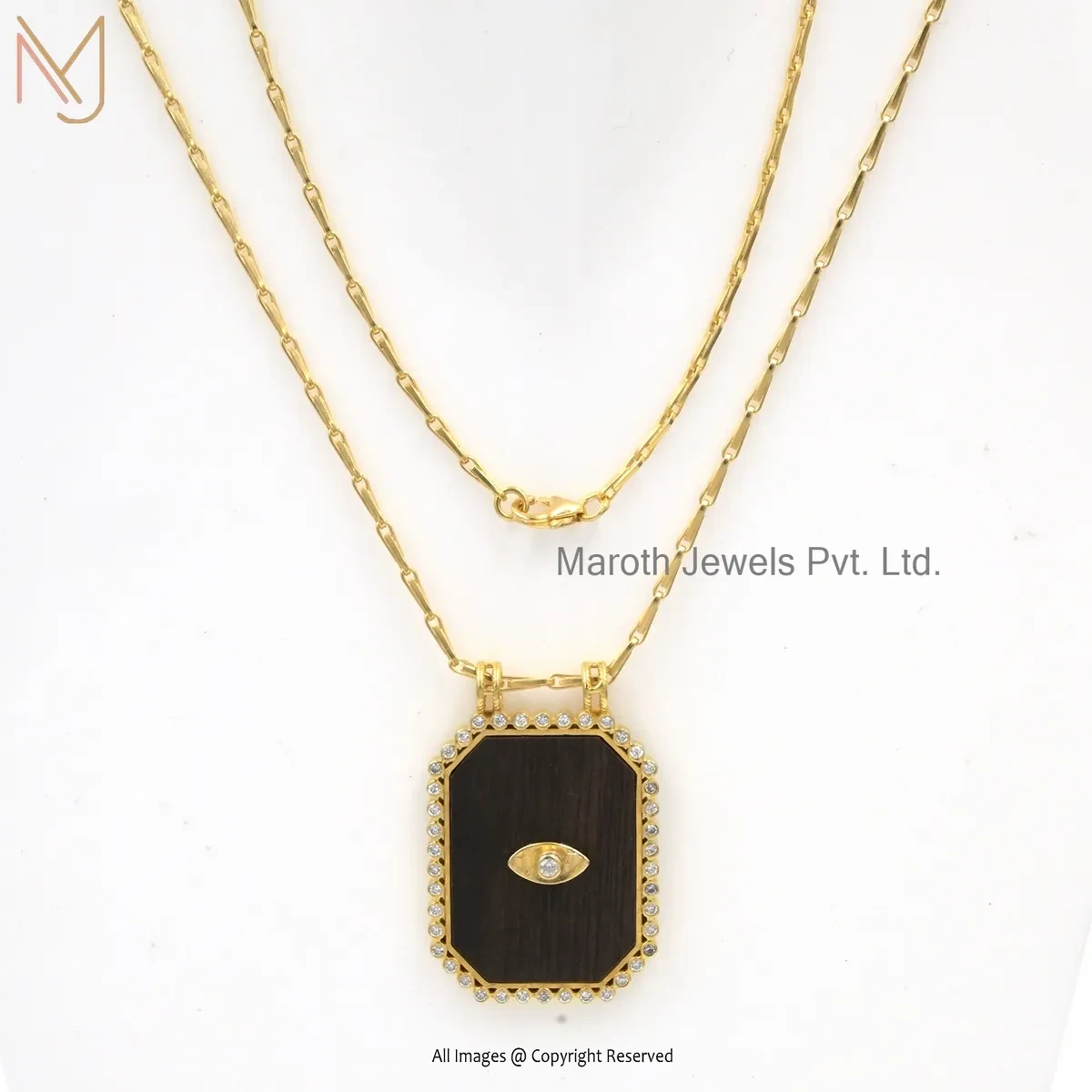 14K Yellow Gold Cubic Zircon And Enamel & Wooden Evil Eye Gemstone Pendant Jewelry Supplier