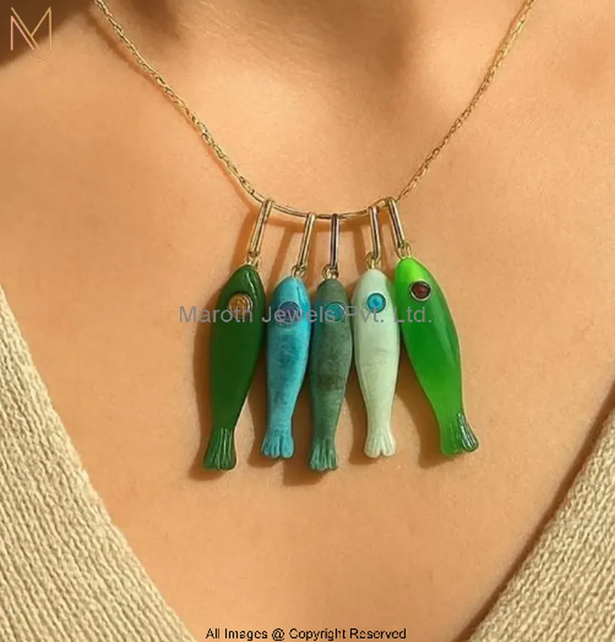 14K Yellow Gold Carved Gemstone Fish Charm Pendant Custom Jewelry