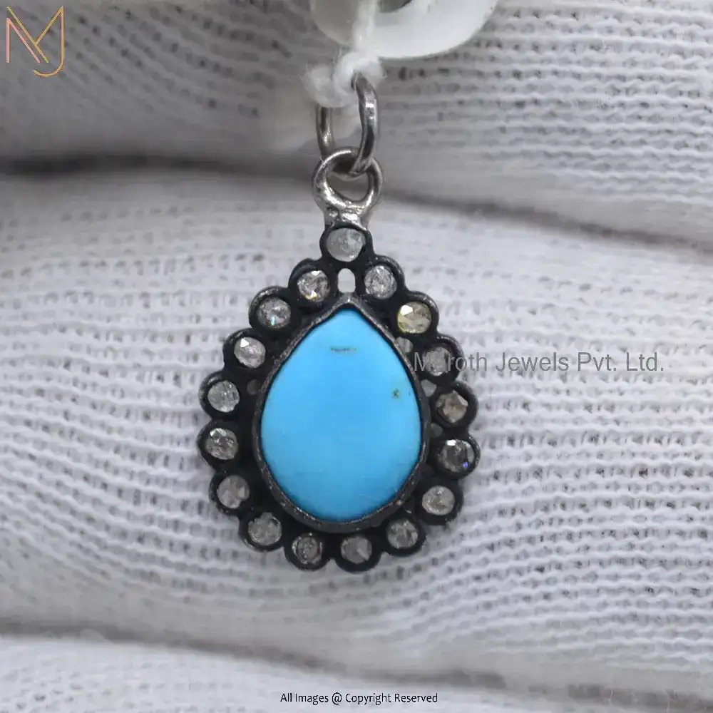 Wholesale 925 Silver Rhodium Plated Pave Diamond Pear Turquoise Gemstone Pendant Jewelry