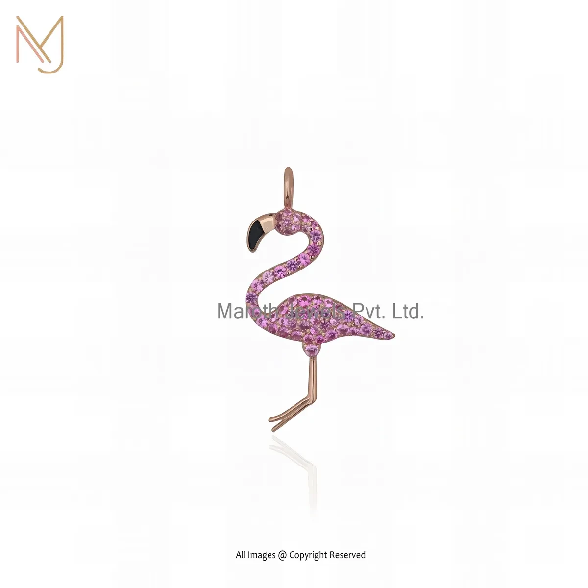Private Lable 14K Rose Gold Pink Sapphire And Black Enamel Bird Pendant