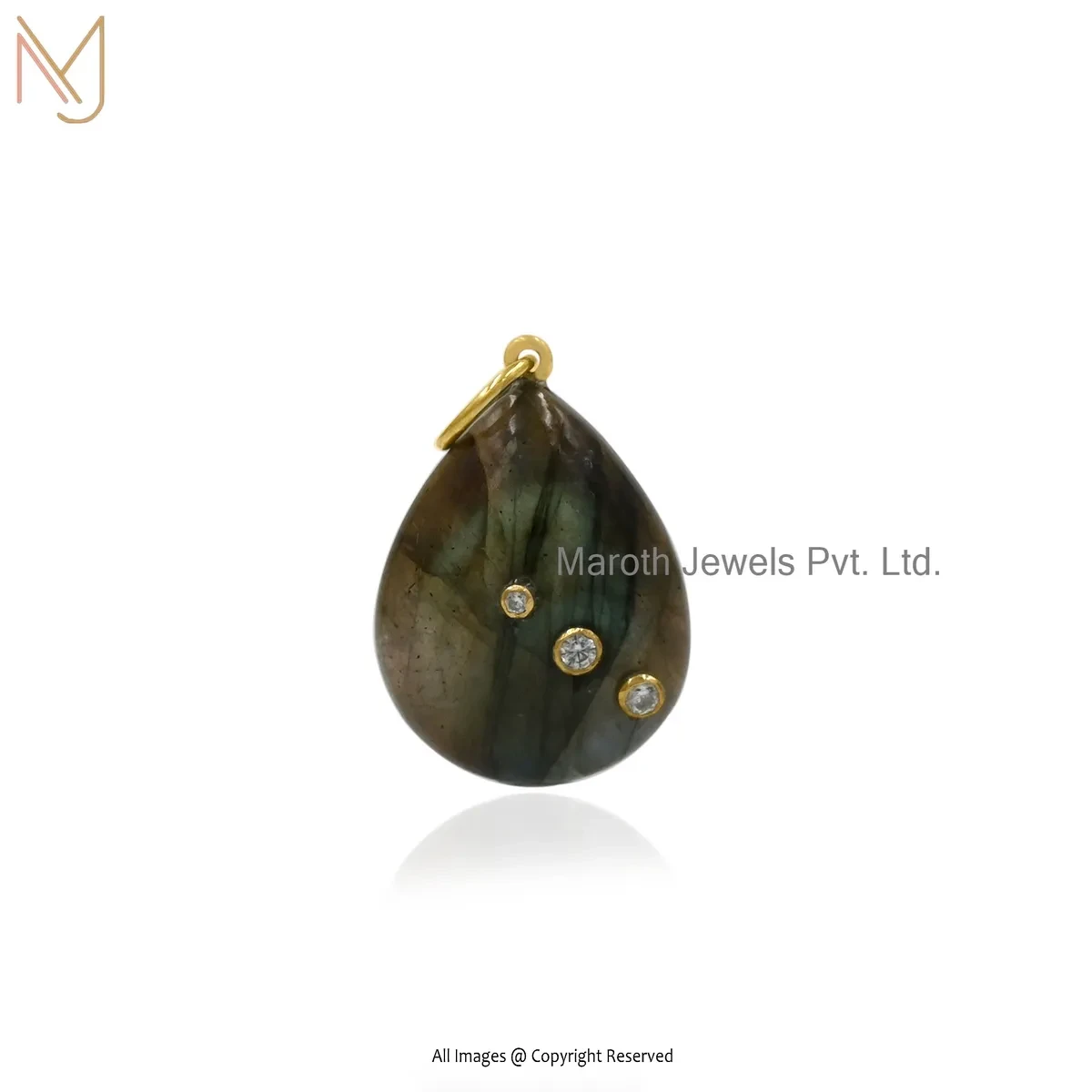 14K Yellow Gold Cubic Zircon & Labradorite TearDrop Pendant Jewelry Supplier