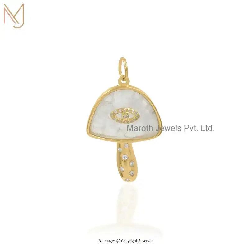 14K Yellow Gold Moonstone And White Cubic Zircoina Mushroom Pendant Manufacturer