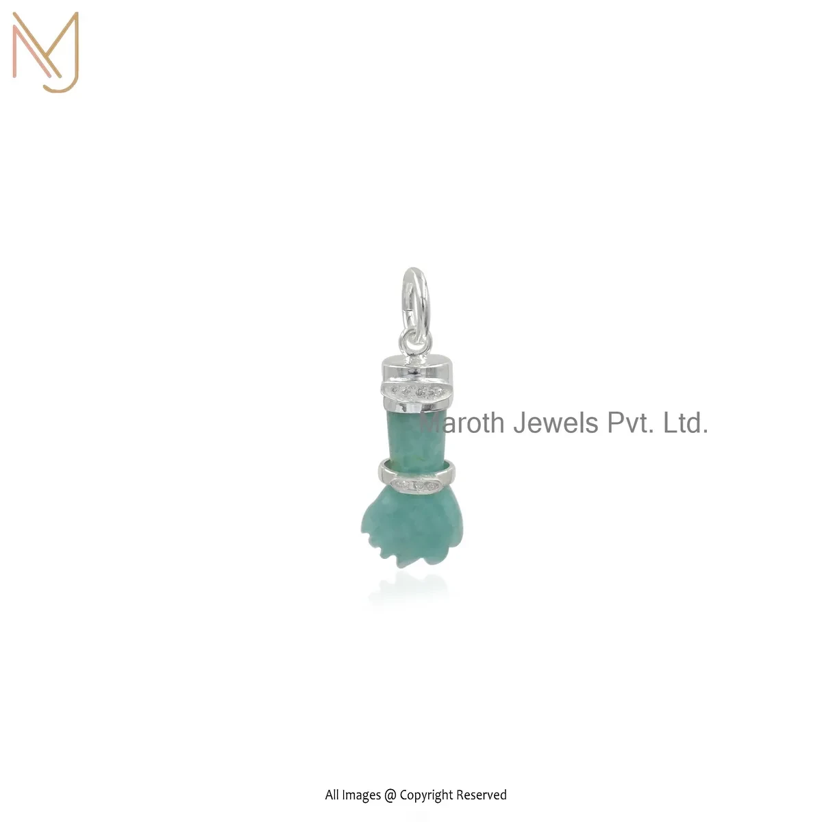 14K White Gold Moissanite & Amazonite Figa Pendant Custom Jewelry
