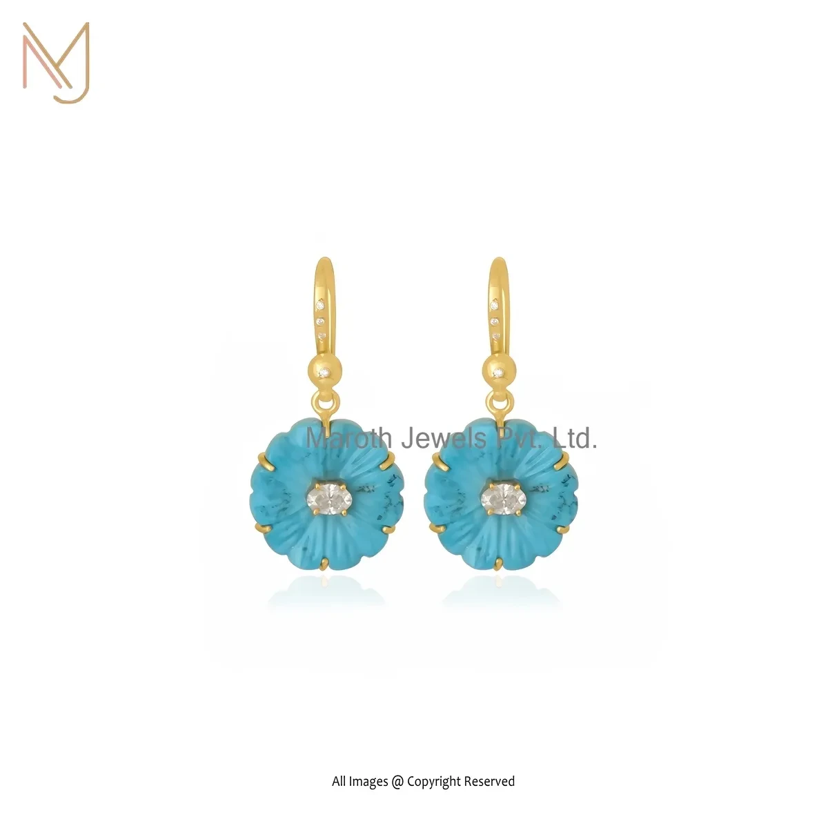 925 Silver Yellow Gold Plated Turquoise And Moissanite & Cubic Zircon Flower Stud Earring USA