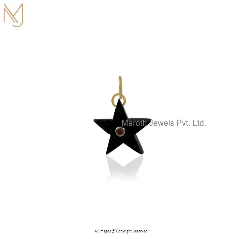 14K Yellow Gold Black Onyx & Red Cubic Zircon Carved Star Charm Pendant Manufacturer