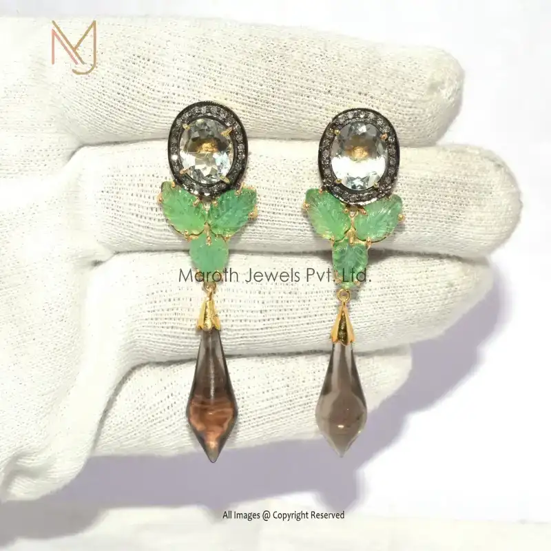 Wholesale 14k Gold Rhodium Yellow Gold Rose Cut Diamond Turmaline Gemstone Smoky Quartz Earrings