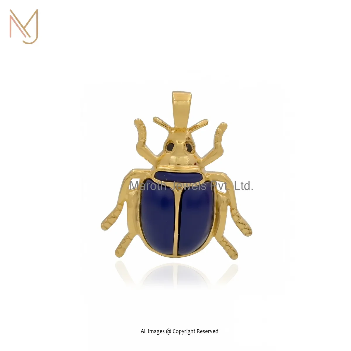 Private Lable 925 Silver Yellow Gold Plated Lapiz Lazuli & Black Cubic Zircon Scarab Pendant
