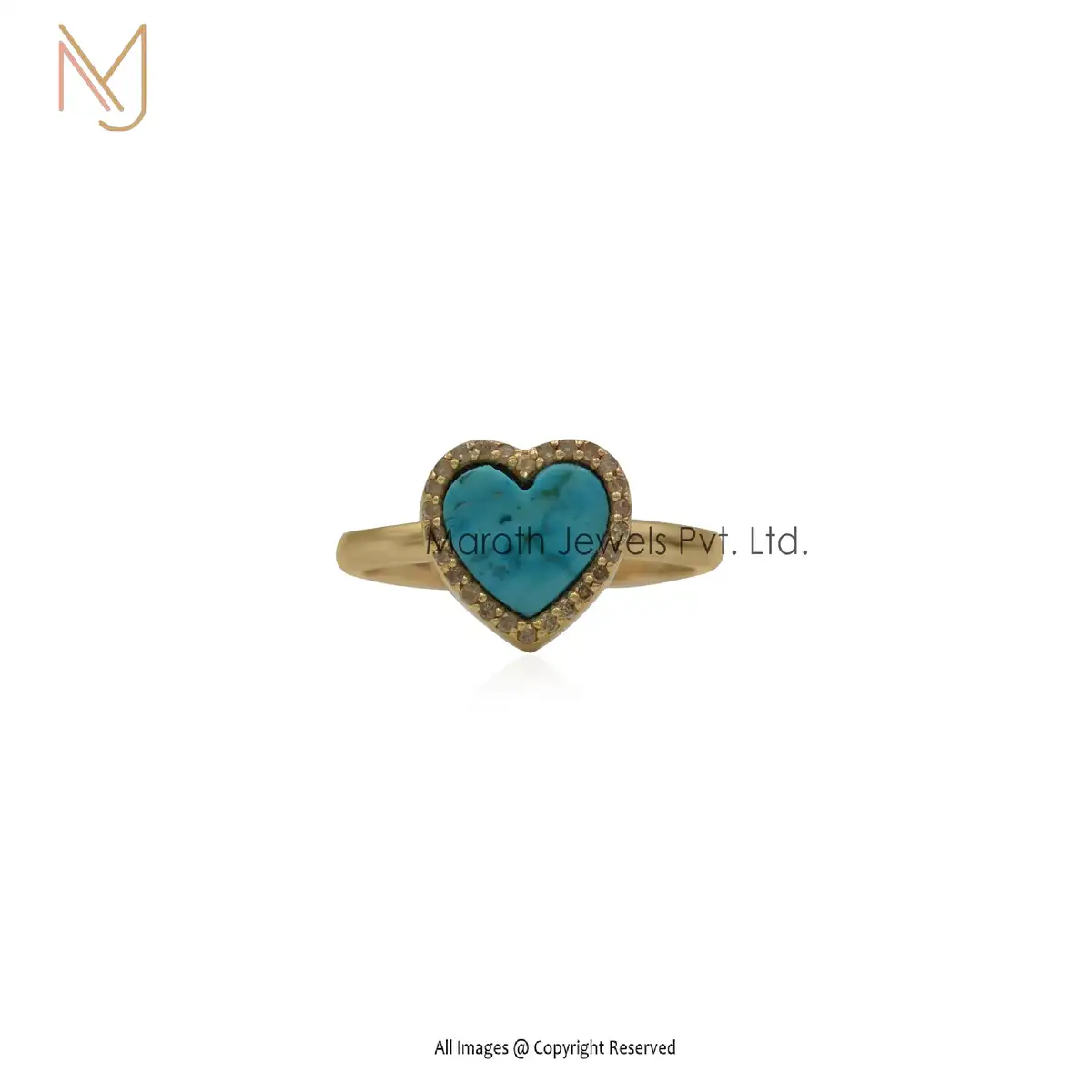 925 Silver Yellow Plated Turquoise & Diamond Heart Ring Manufacturer