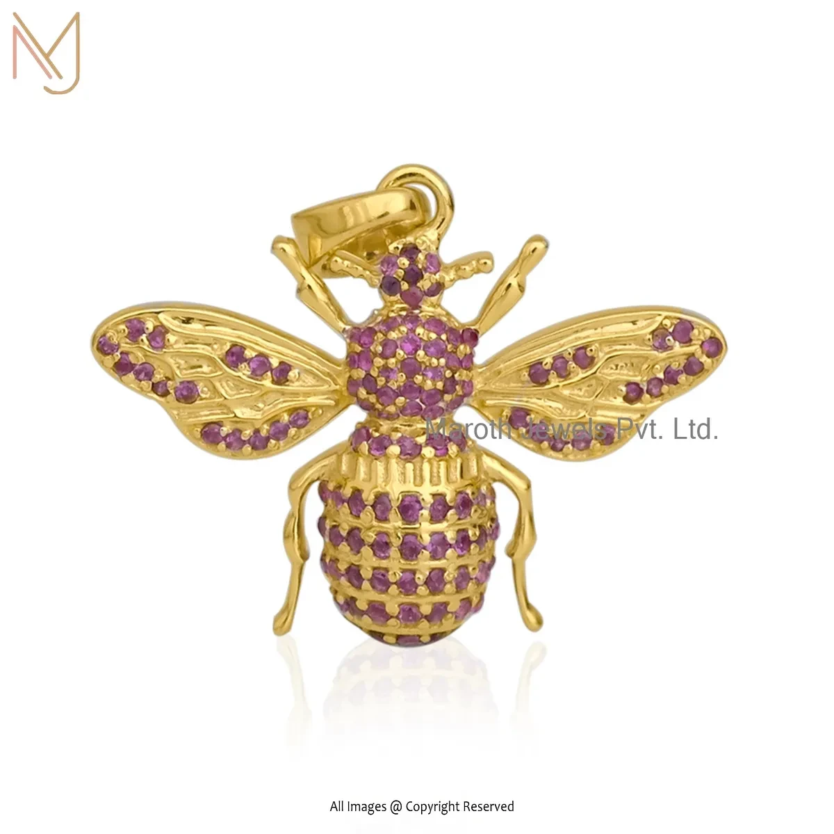 925 Silver Yellow Gold Plated Ruby Honey Bee Pendant Custom Jewelry