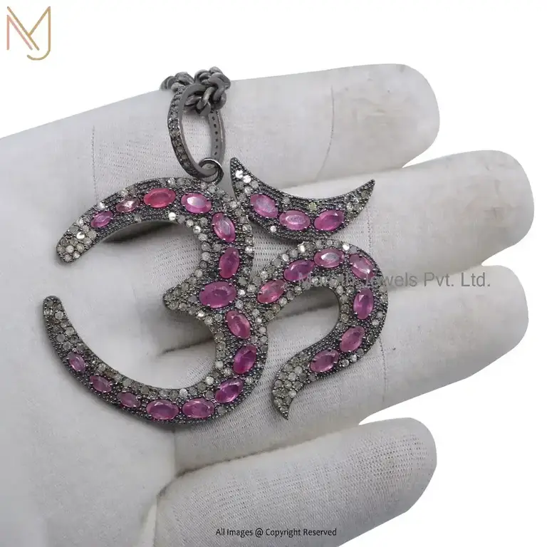 925 Silver Rhodium Plated Pave Diamond And Ruby Gemstone OM Pendant Jewelry USA