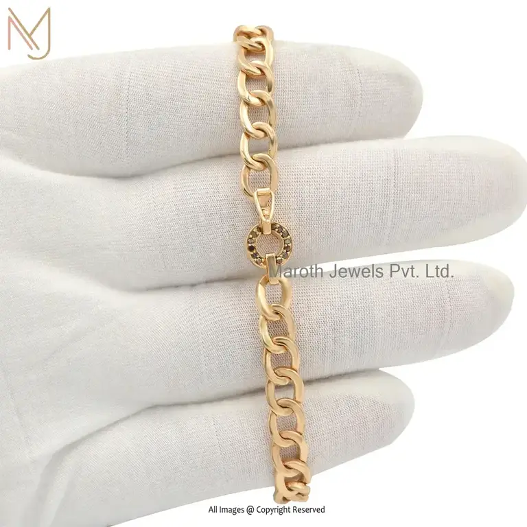 14K Yellow Gold Black Diamond Figaro Curb Chunky Link Bracelet Custom Jewelry