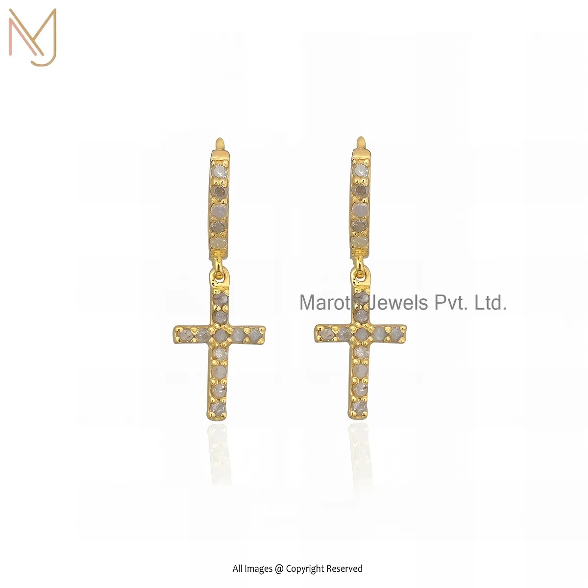 925 Silver Yellow Gold Plated Pave Diamond Cross Hoop Earring Custom Jewelry