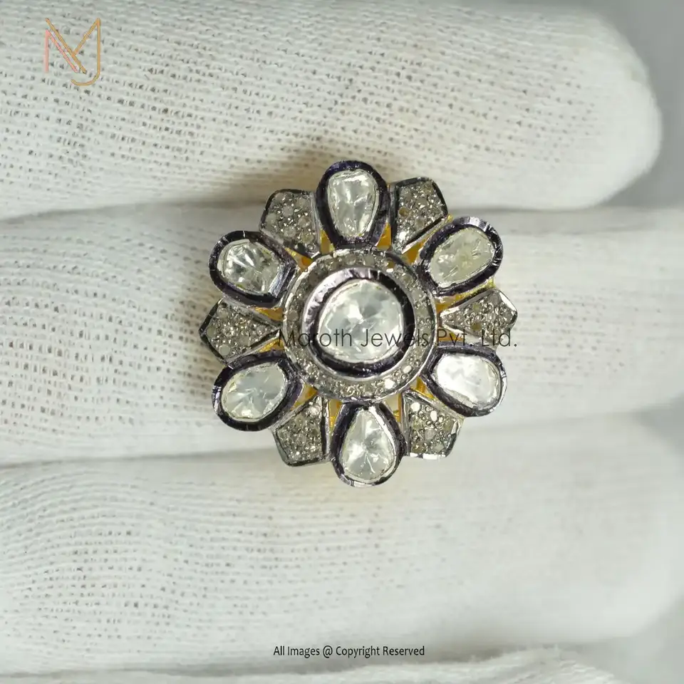 925 Sterling Silver Yellow Gold Rhodium Plated Pave Diamond And Rose Cut Diamond Ring Manufacturer
