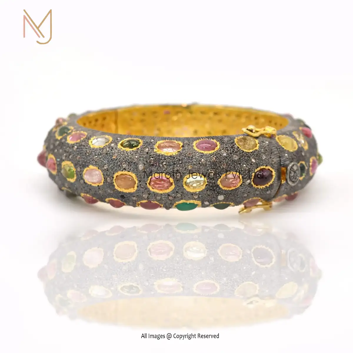 925 Silver Yellow Gold Rhodium Pave Diamond Multi Tourmaline Gemstone Bangle Jewelry USA