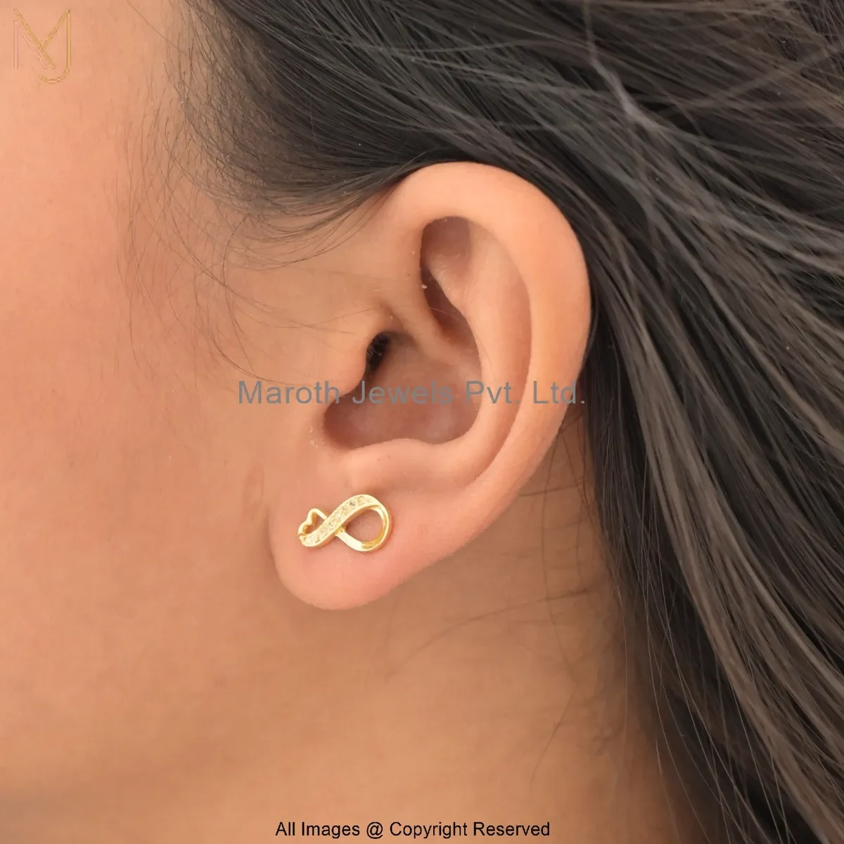 14K Yellow Gold Cubic Zircon Diamond Infinity Symbol Stud Earrings Custom Jewelry