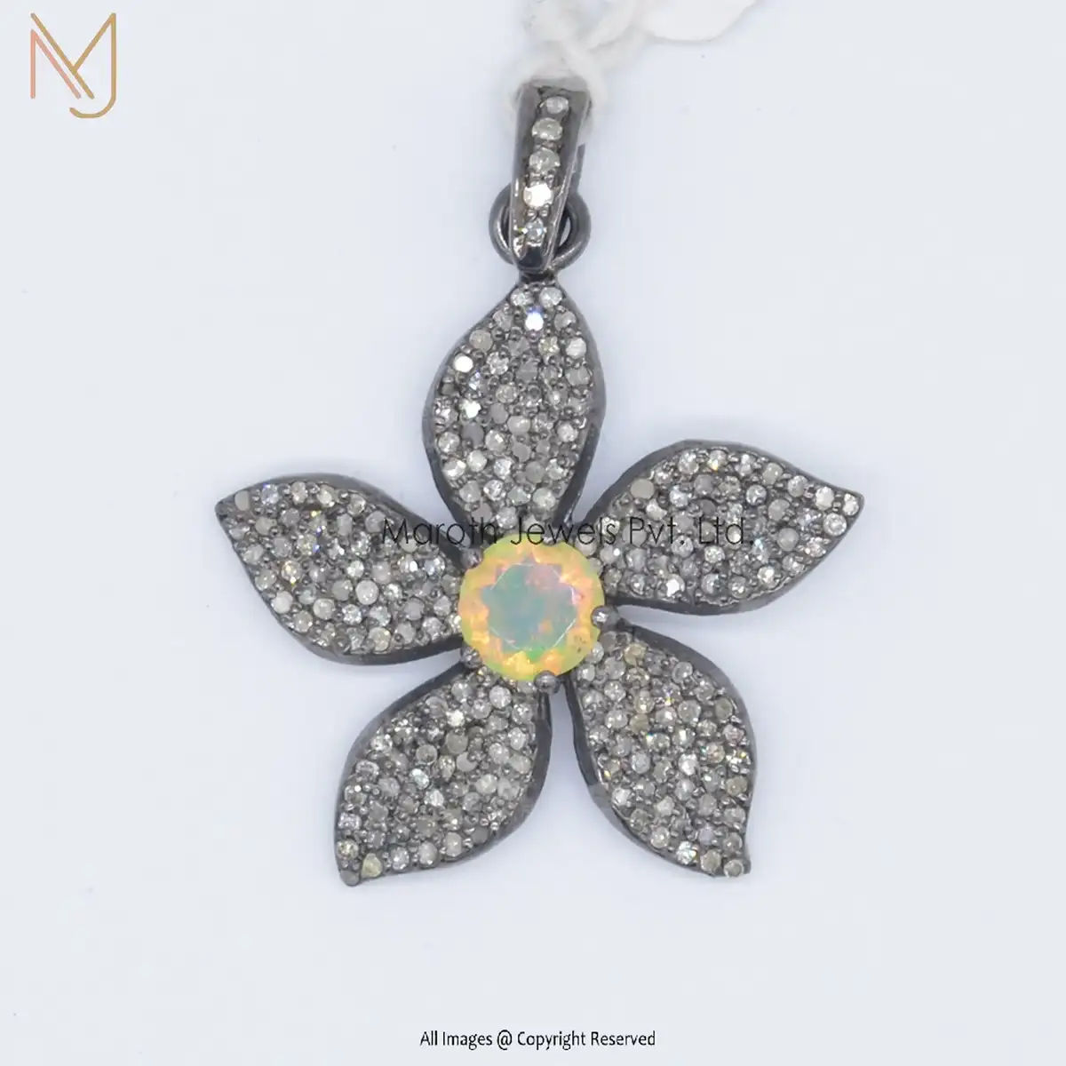 925 Silver Rhodium Pave Diamond And Opal Gemstone Leaf Flower Pendant Jewelry Manufacturer