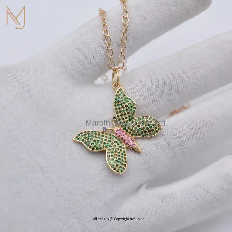 14K Yellow Gold Tsavorite And Ruby & Blue Sapphire Gemstne Butterfly Pendant USA