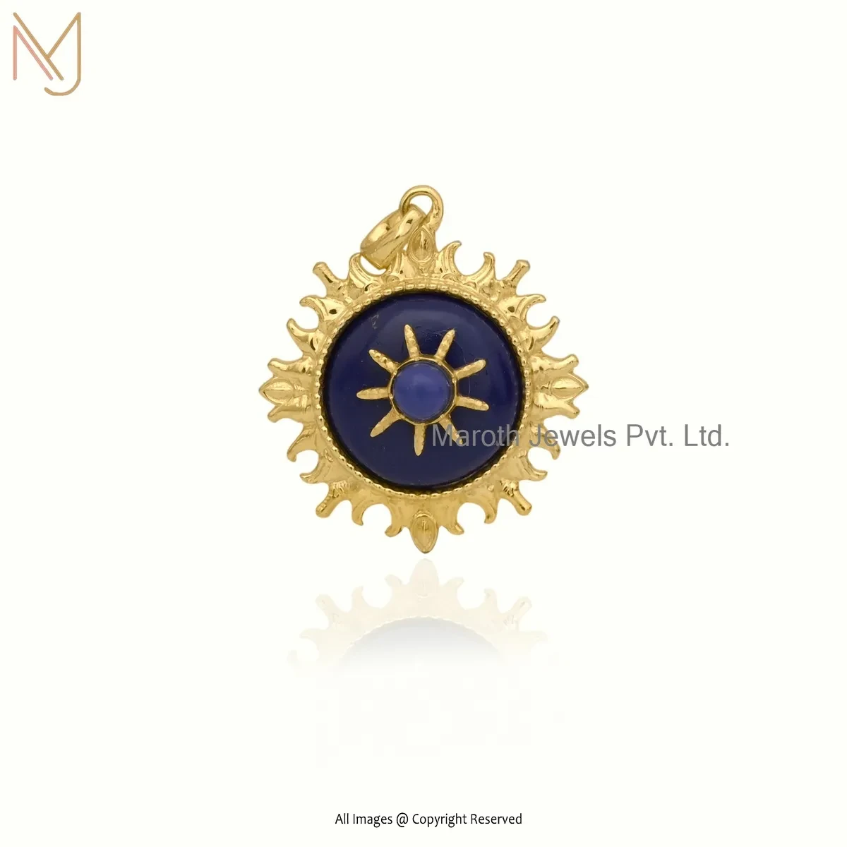 14K Yellow Gold Lapiz Lazuli Sun Disc Pendant Custom Jewelry