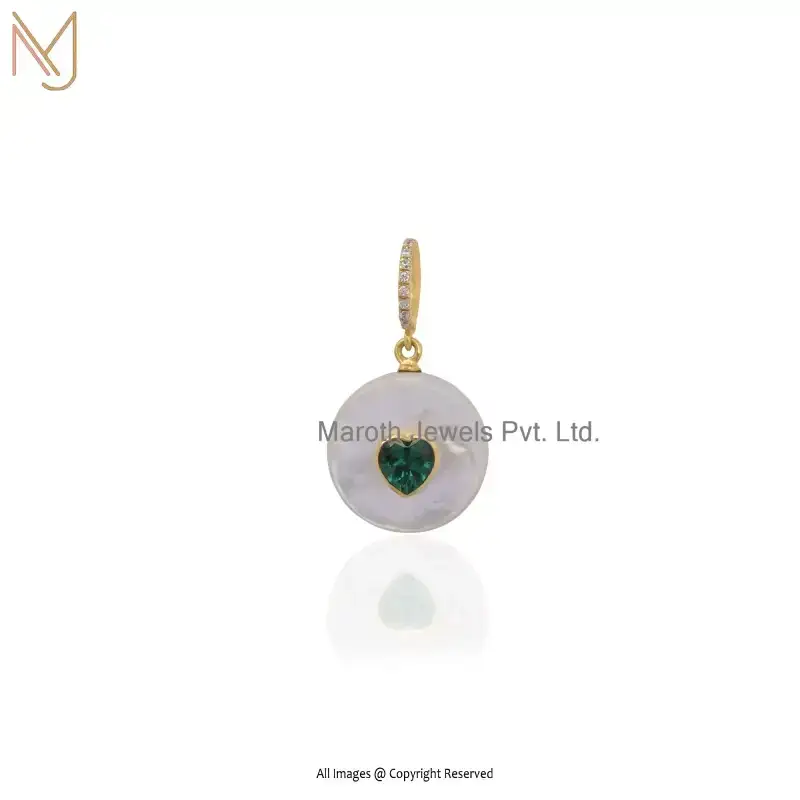 Wholesale 14K Yellow Gold Mother Of Pearl And Green Opal Cubic Zircoina Round Pendant