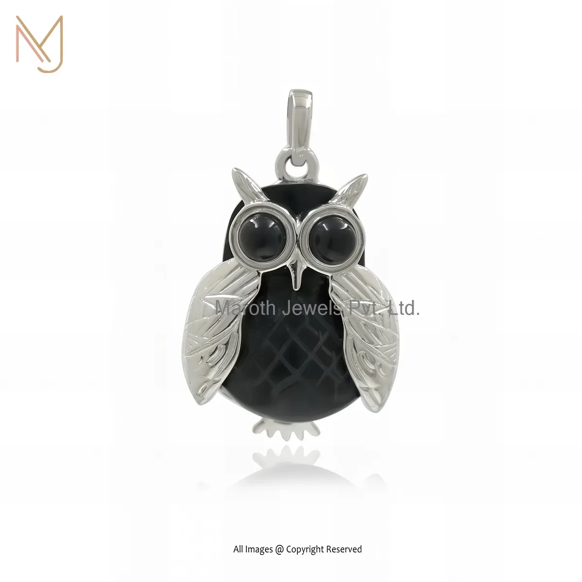 14K White Gold Black Onyx Gemstone Owl Pendant Jewelry Supplier