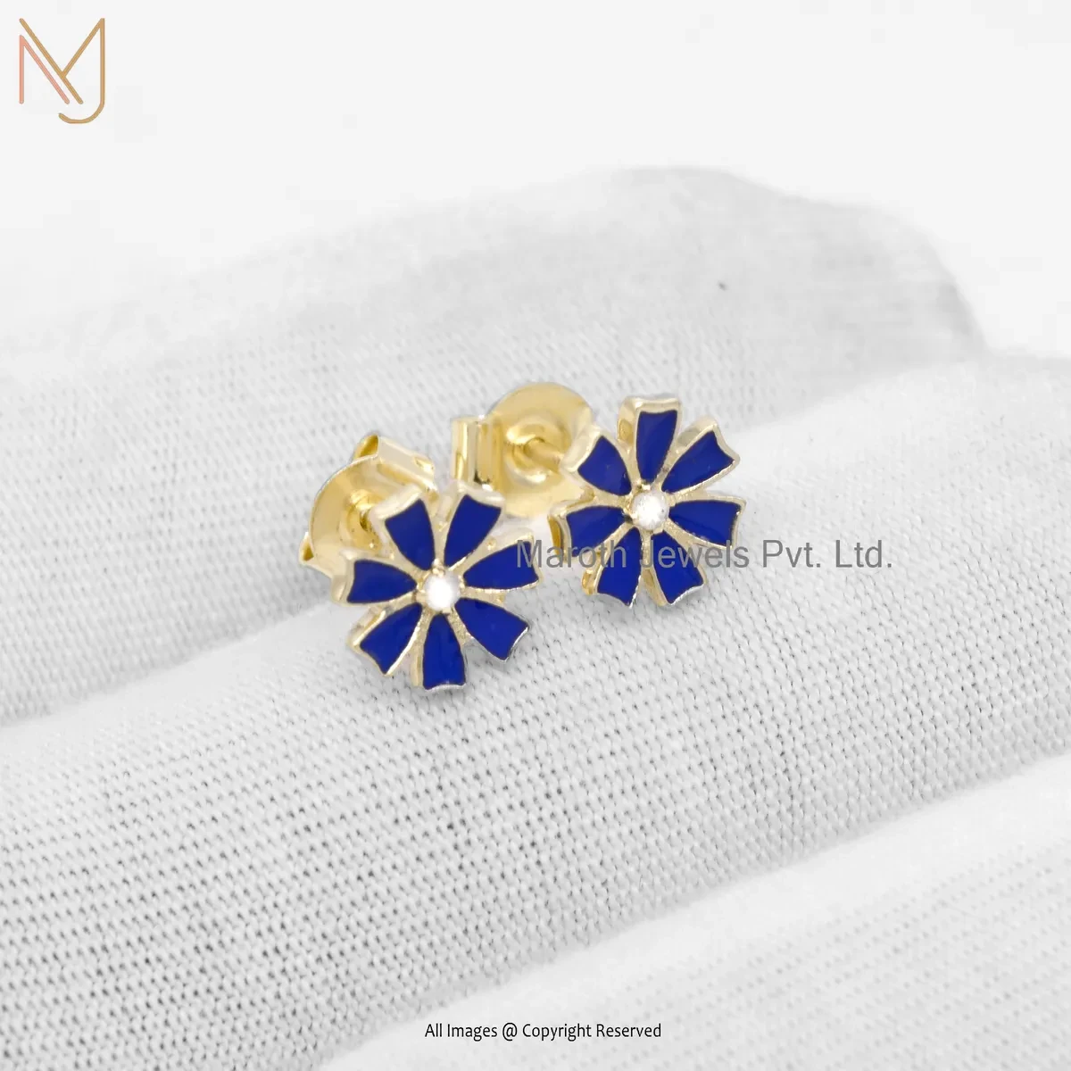 925 Silver Yellow Gold Plated Diamond Blue Enamel Flower Shape Stud Earring Manuafcturer