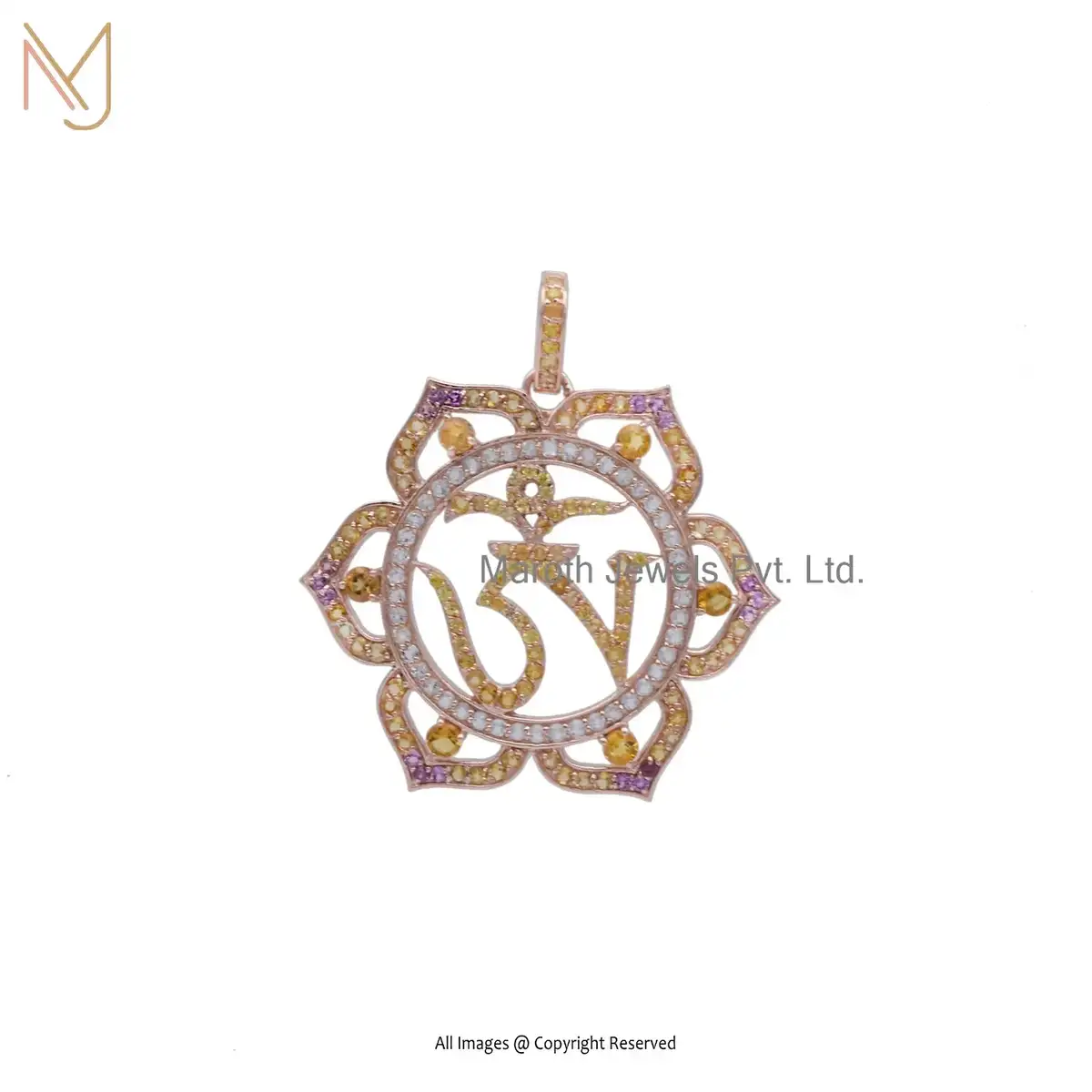 14K Rose Gold White Topaz & Diamond Gemstone OM Pendant Manufacturer