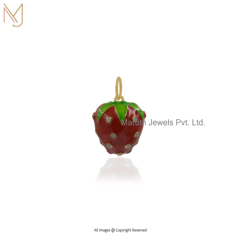 Private Lable 925 Silver Yellow Gold Plated Red And Green Enamel Moissanite Strawberry Pendant