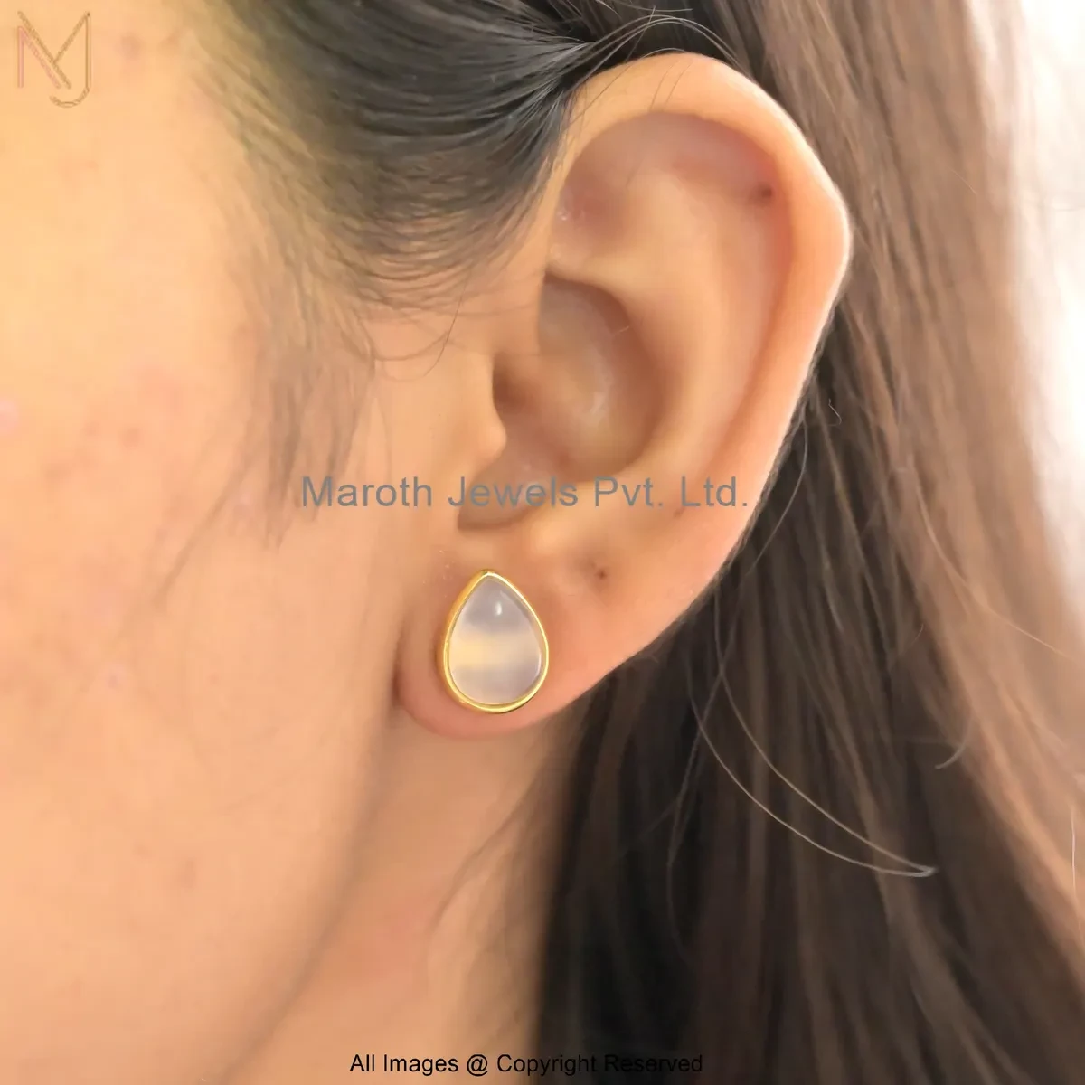 925 Silver Yellow Gold Plated Natural Peach Chalcedony Pear-Shape Gold Bezel Stud Earrings USA