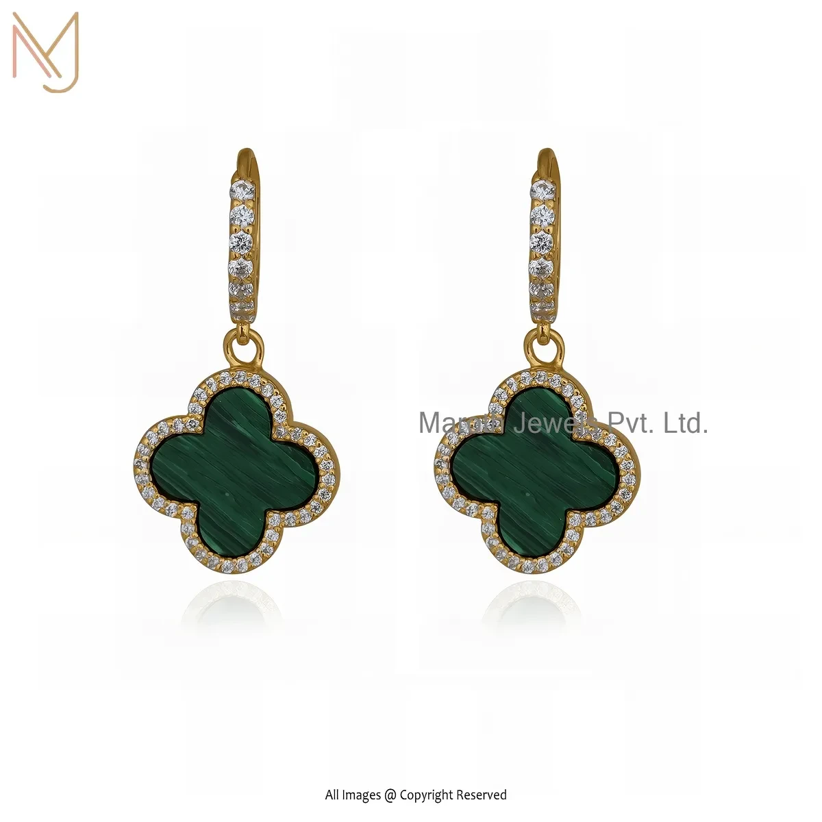 925 Sterling Silver Yellow Gold Plated Cubic Zircon , Malachite Four Leaf Clover Earrings USA