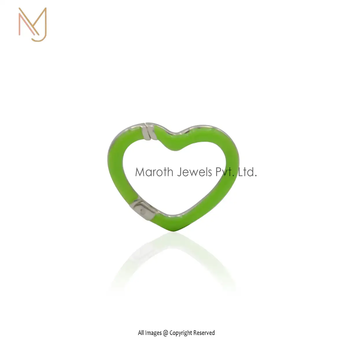 14K White Gold Neon Green Enamel Heart Carabiner lock Manufacturer