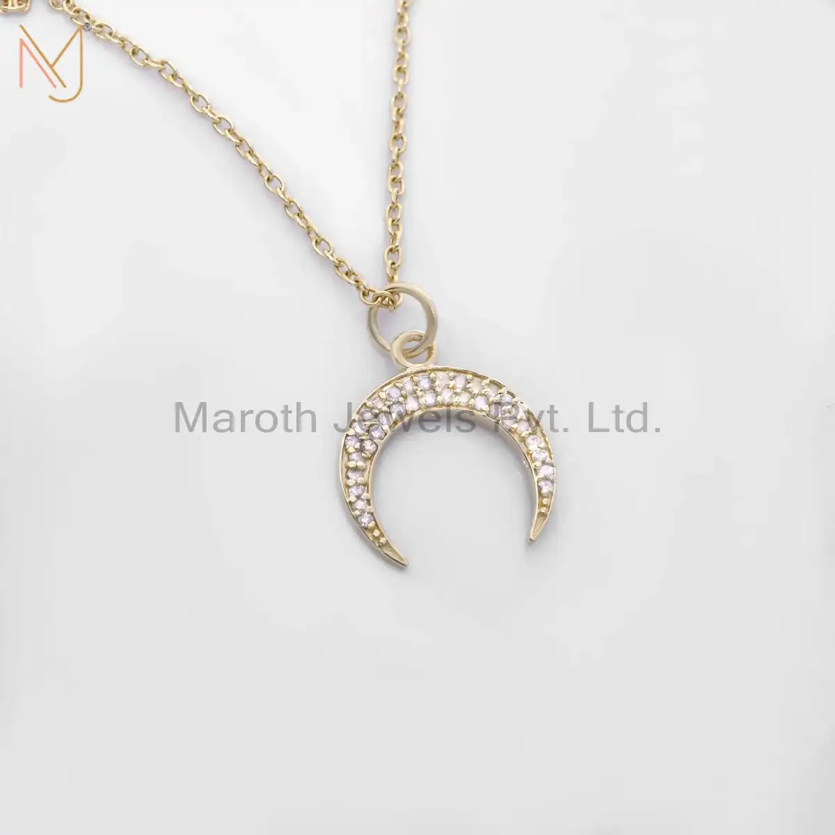 14K Yellow Gold Pave Diamond Crescent Charm Pendant Jewelry USA