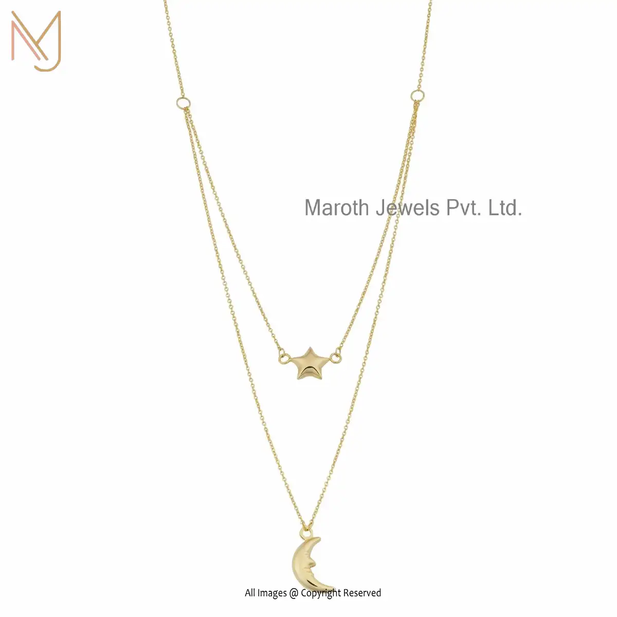925 Silver Yellow Gold Moon And Star Layered Necklace Jewelry Supplier