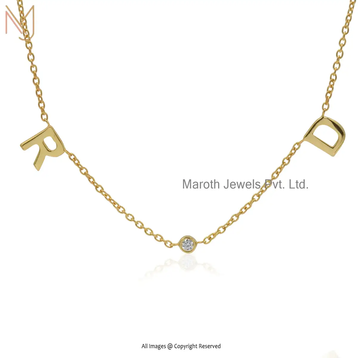 14K White Gold Vermeil Two Letter Bezel Nameplate Necklace USA