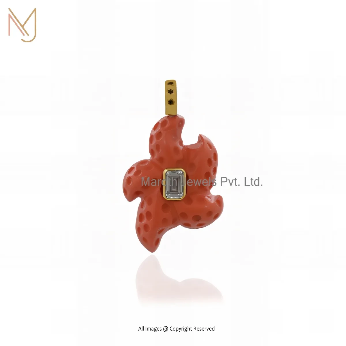 925 Silver Yellow Gold Plated White Topaz , Black Enamel , Red Coral Starfish Charm Pendant USA
