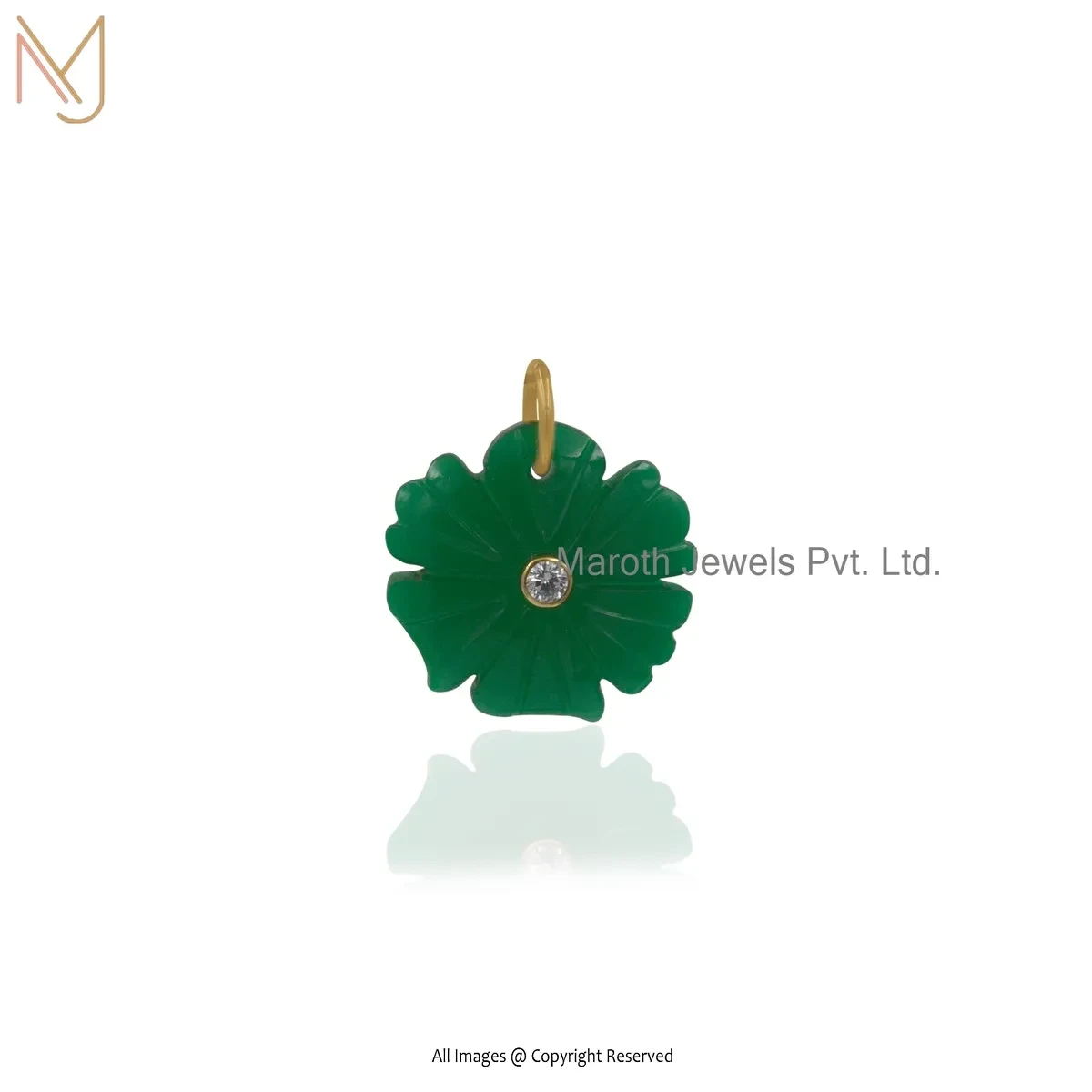 Private Lable 925 Silver Yellow Gold Plated Cubic Zircon & Green Onyx Gemstone Carved Flower Pendant