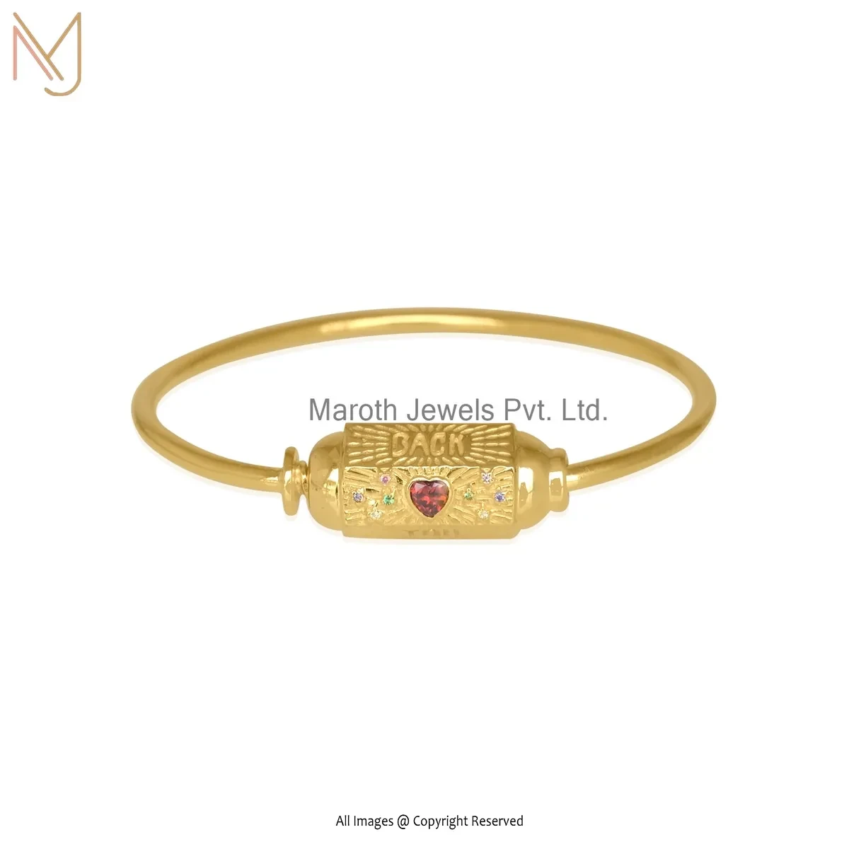 925 Silver Yellow Gold Plated Enamel Multi Gemstone Heart Shaped Amulet Bangle USA