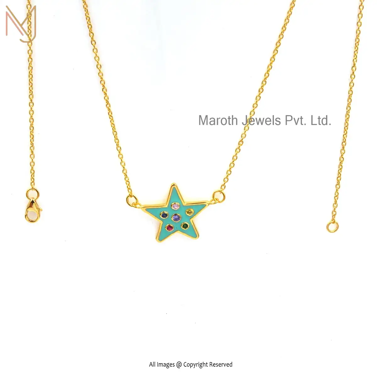925 Silver Yellow Gold Plated Green Enamel & Multi Gemstone Star Necklace Manufacturer