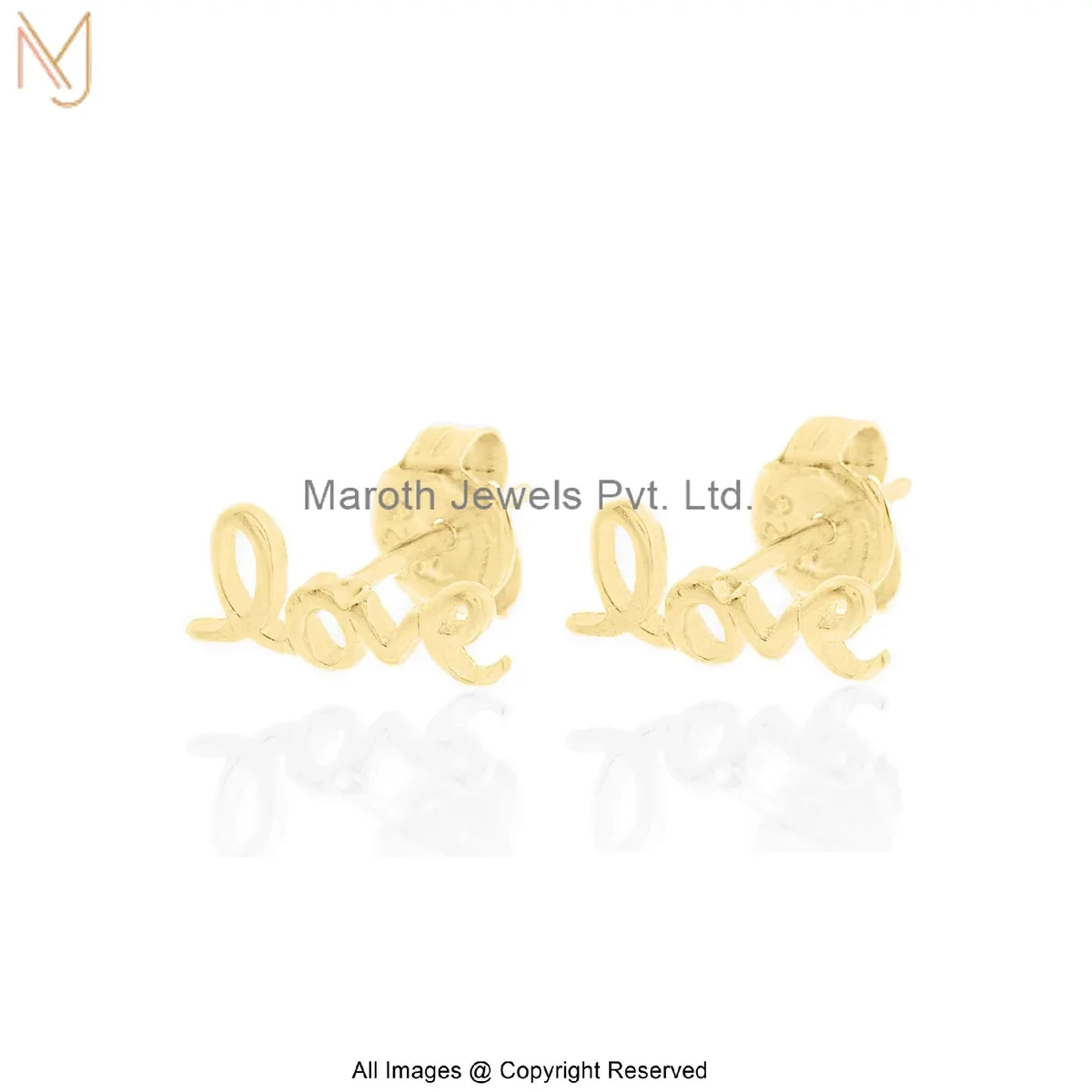 925 Silver Yellow Gold Plated Gold-Toned Love Stud Earring Custom Jewelry