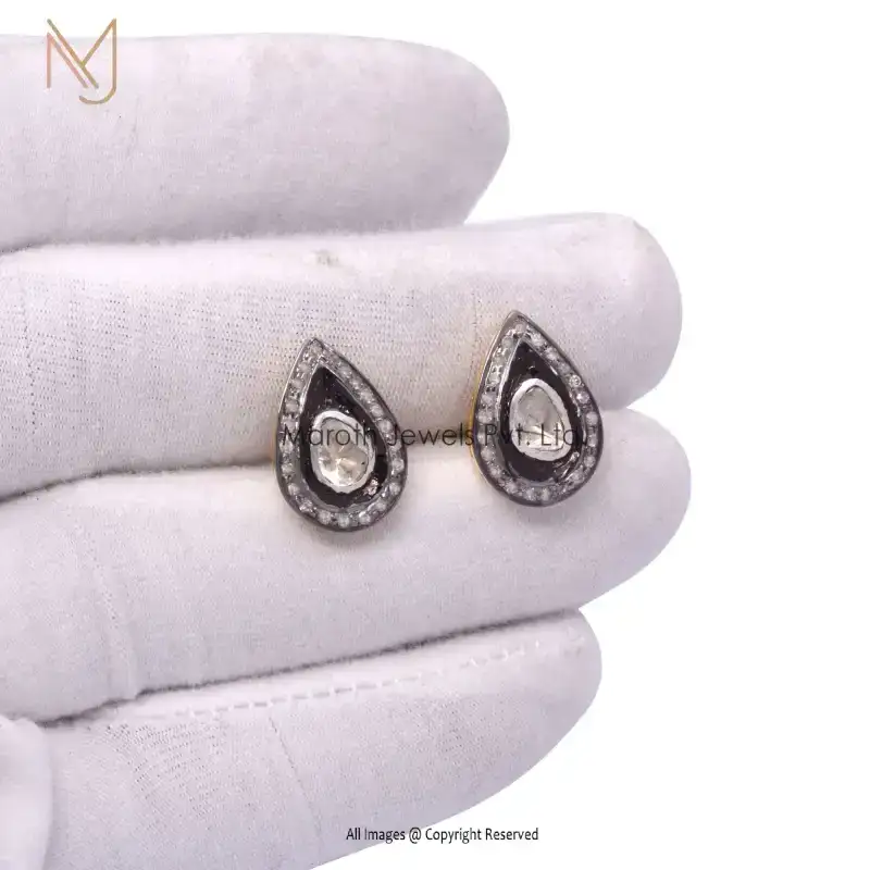 925 Silver Pave Diamond And Rose Cut Polki Diamond Drop Stud Earrings Manufacturer