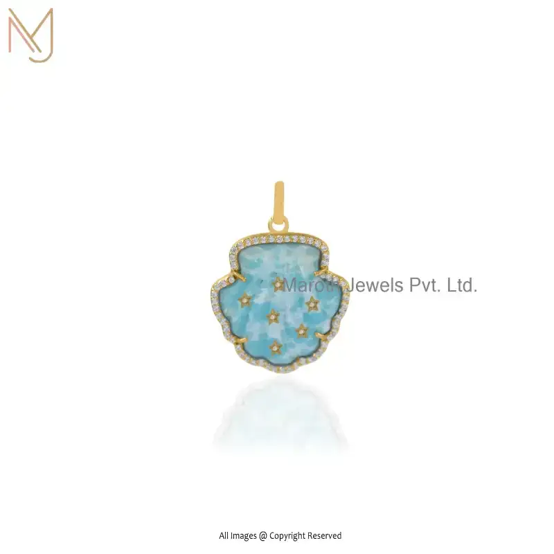925 Silver White Gold Plated Larimar & Cubic Zircon Carnelian Shell Pendant Jewelry Supplier