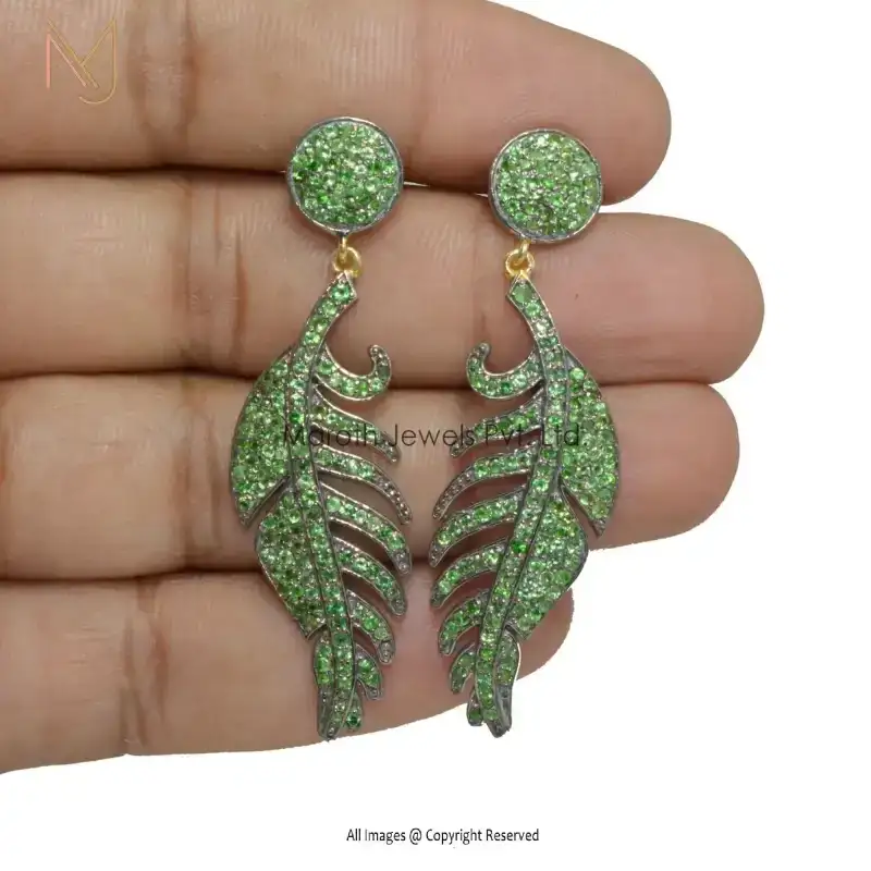 Private Label 925 Silver Pave Micron Setting Tsavorite Gemstone Leaf Drop Earring Jewelry