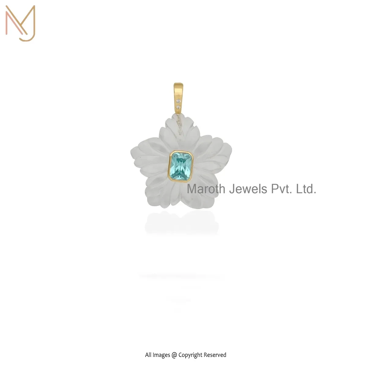 925 Silver Yellow Gold Plated Blue Topaz And Cubic Zircon & Rose Quartz Flower Pendant USA