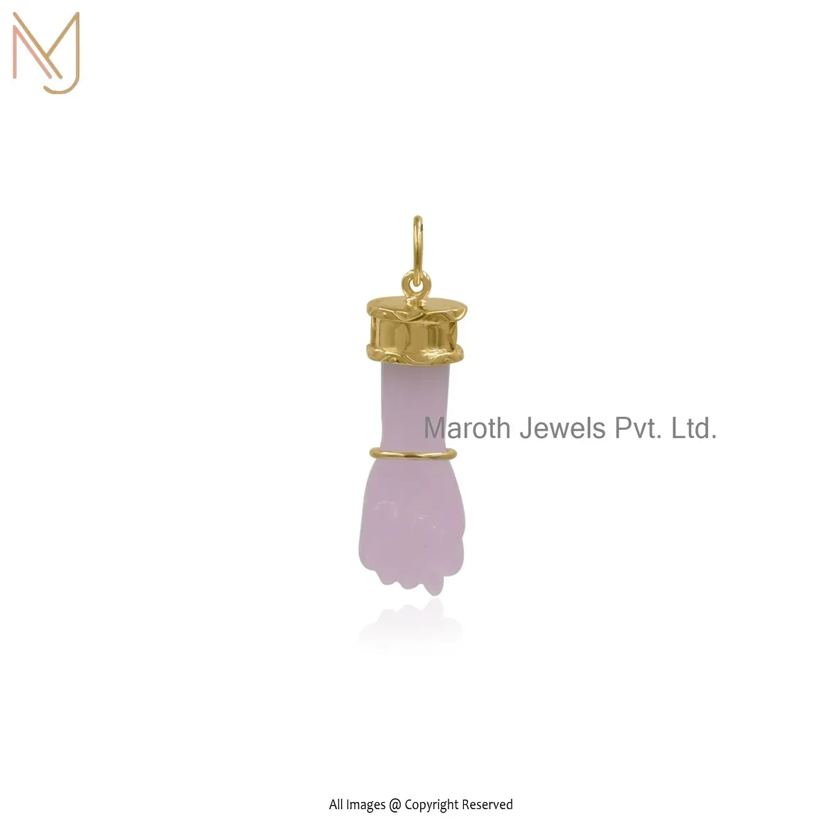 925 Silver Yellow Gold Plated Rose Quartz Gemstone Figa Charm Pendant Custom Jewelry