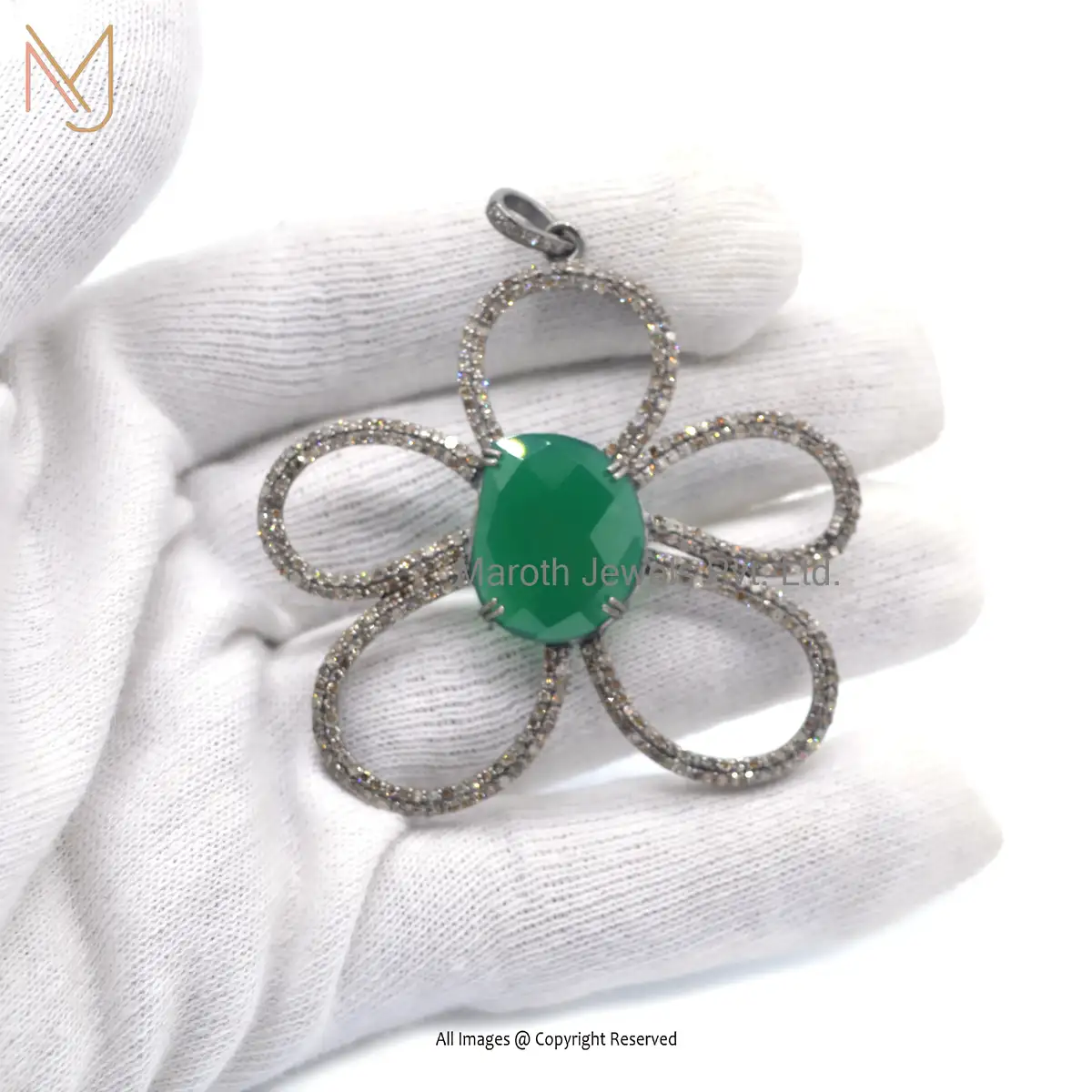 Private Lable 925 Silver Rhodium Plated Pave Diamond Green Onyx Gemstone Jewelry Pendant Jewelry